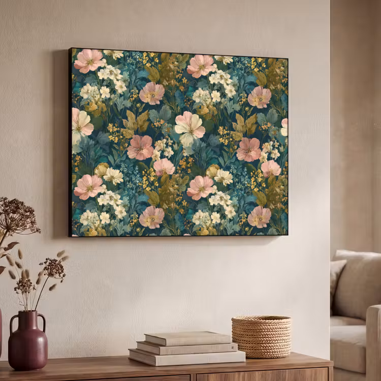 Wilde bloemen - Botanisch - Patroon - Roze - Romantisch Textielframe zwart klein 947 -sfeer3