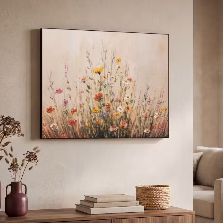 Wilde bloemen - Penseelstreken - Rustgevend Textielframe zwart klein -sfeer3