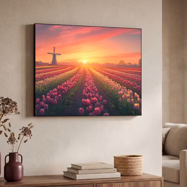 Windmolen - Zonsondergang - Landschap Textielframe zwart klein -sfeer3