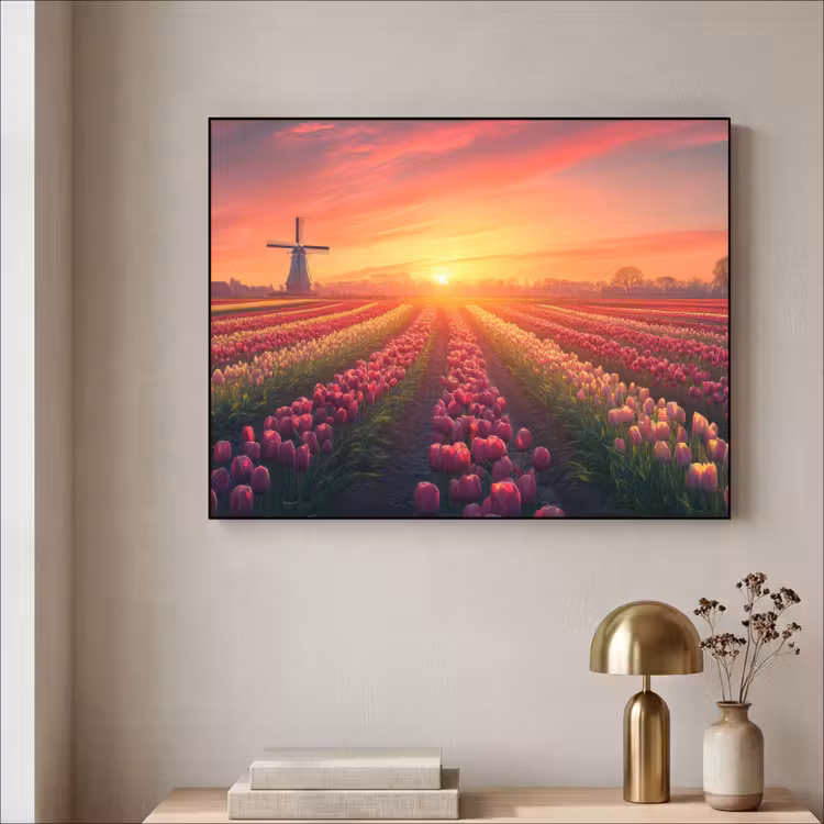 Windmolen - Zonsondergang - Landschap Textielframe zwart klein -sfeer2