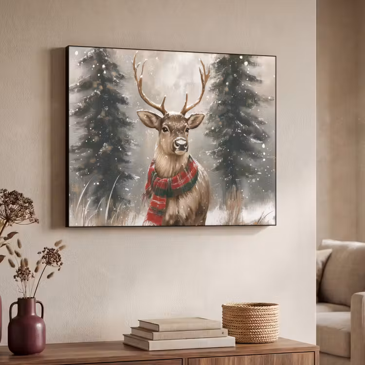 Winter - Bos - Rendier - Donker Textielframe - compleet frame klein -sfeer3