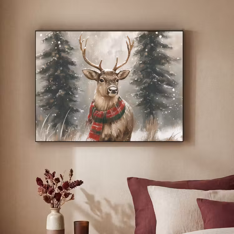 Winter - Bos - Rendier - Donker Textielframe zwart klein -sfeer1
