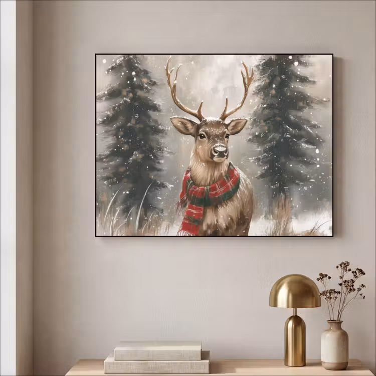 Winter - Bos - Rendier - Donker Textielframe - compleet frame klein -sfeer2