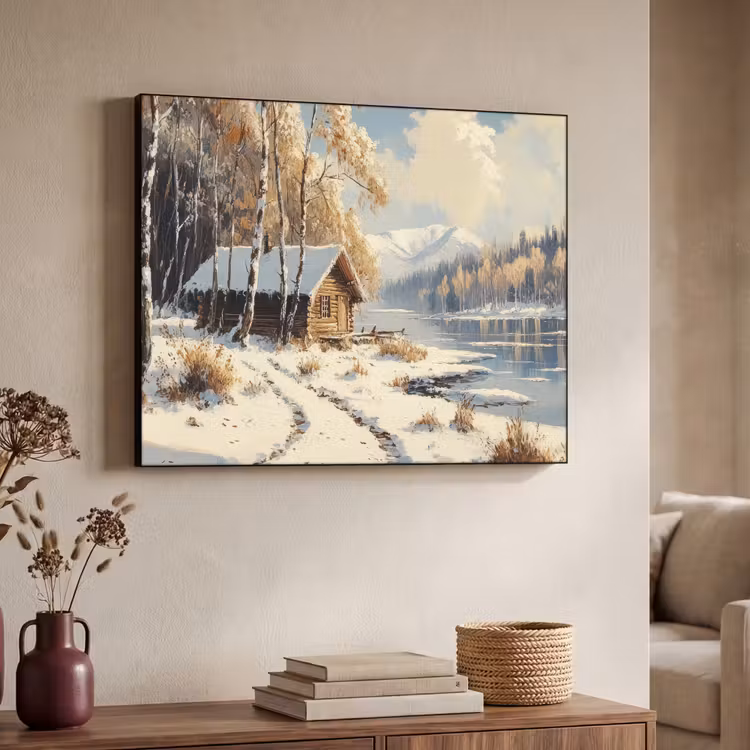 Winter - Sneeuw - Huis - Natuur Textielframe zwart klein -sfeer3