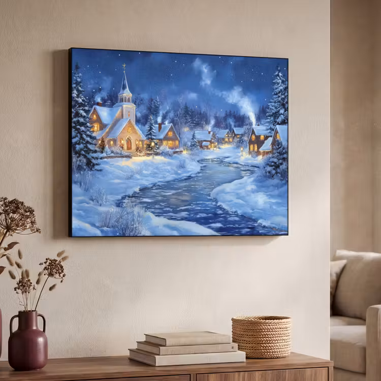 Winteravond - Kerstdorp - Donker Textielframe zwart klein -sfeer3