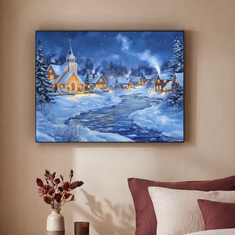 Winteravond - Kerstdorp - Donker Textielframe - compleet frame klein -sfeer1