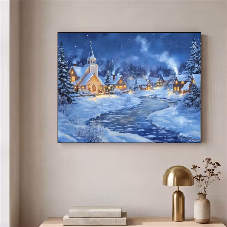 Winteravond - Kerstdorp - Donker Textielframe - compleet frame klein -sfeer2