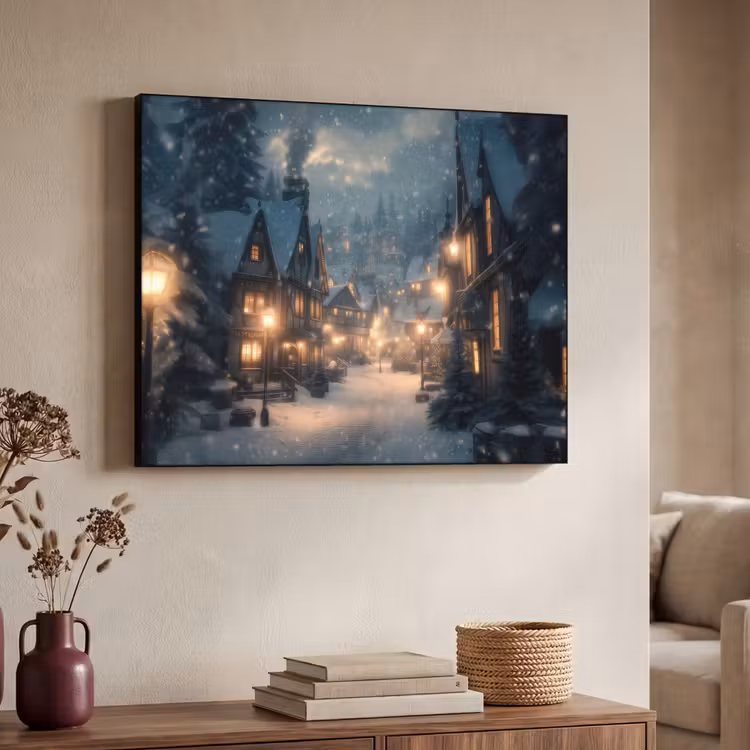 Winterdorp - Sneeuw - Donker Textielframe zwart klein -sfeer3