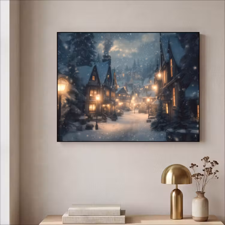 Winterdorp - Sneeuw - Donker Textielframe zwart klein -sfeer2