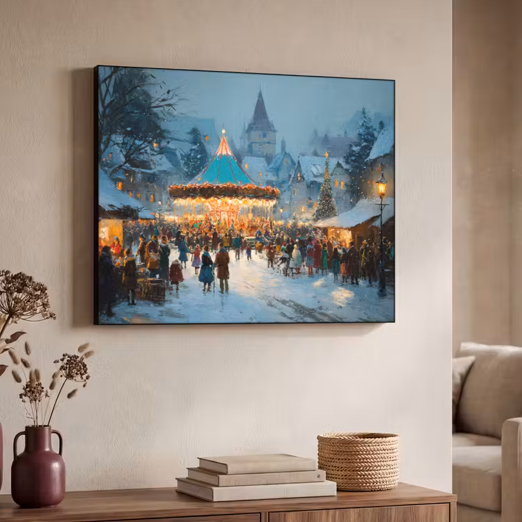 Winterkermis - Dorp - Kleurrijk Textielframe zwart klein -sfeer3