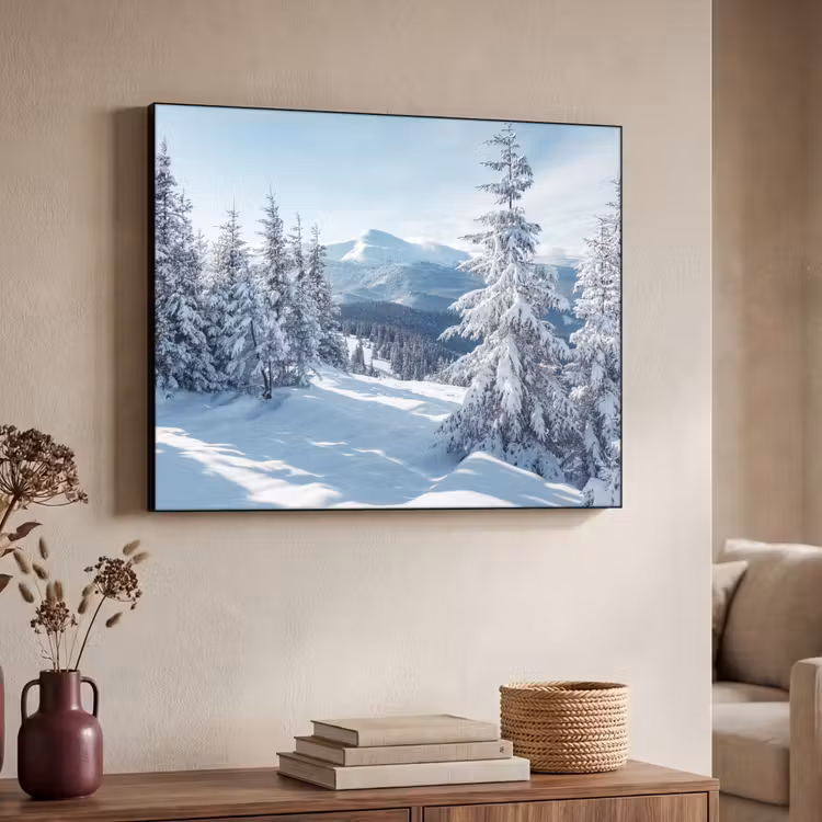 Winterlandschap - Natuur - Berg - Bomen - Sneeuw Textielframe zwart klein -sfeer3