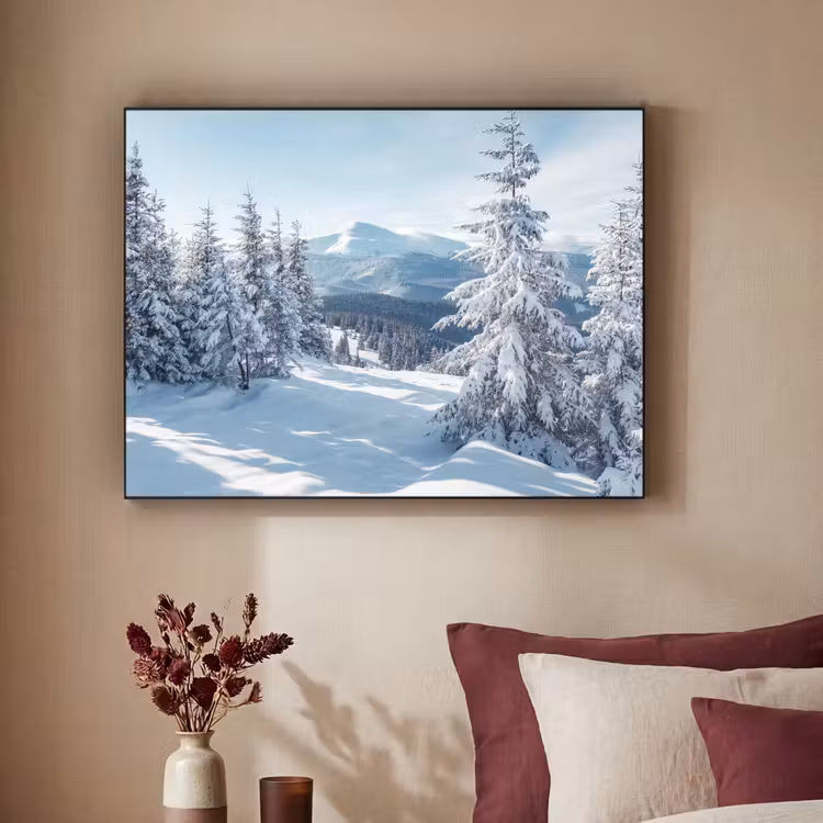Winterlandschap - Natuur - Berg - Bomen - Sneeuw Textielframe zwart klein -sfeer1
