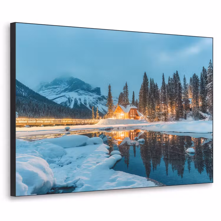 Winterlandschap - Natuur - Huis - Bergen - Sneeuw Textielframe zwart klein -3d