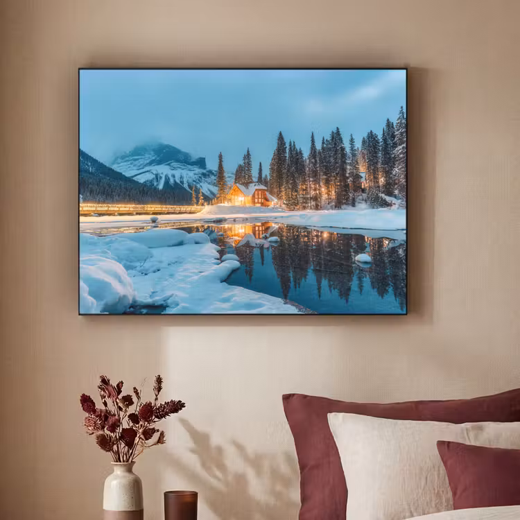 Winterlandschap - Natuur - Huis - Bergen - Sneeuw Textielframe - compleet frame klein -sfeer1