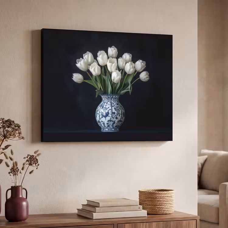 Wit - Bloemen - Tulpen - Vaas Textielframe zwart klein -sfeer3