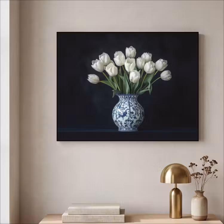 Wit - Bloemen - Tulpen - Vaas Textielframe - compleet frame klein -sfeer2