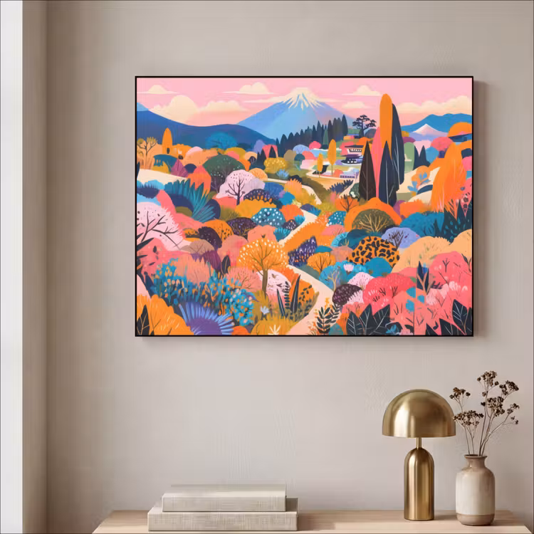 Witte bergtop - Modern - Kleurrijk Textielframe - compleet frame klein -sfeer2