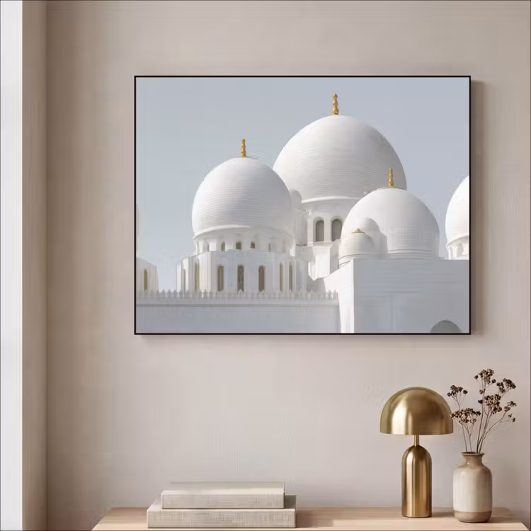 Witte koepels - Helderblauwe lucht - Islamitisch Textielframe - compleet frame klein -sfeer2