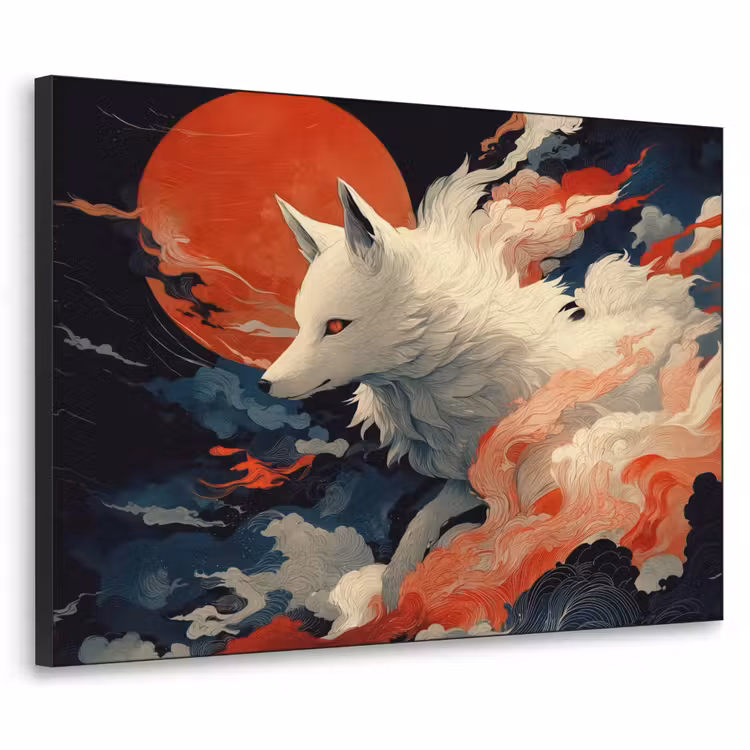 Witte vos - wolken - maan Textielframe - compleet frame klein -3d