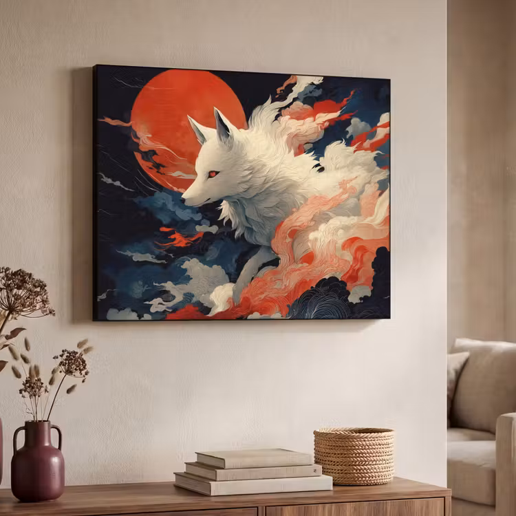 Witte vos - wolken - maan Textielframe zwart klein -sfeer3