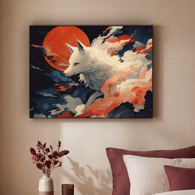 Witte vos - wolken - maan Textielframe zwart klein -sfeer1