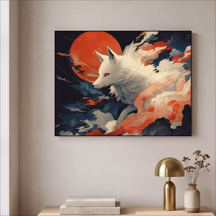 Witte vos - wolken - maan Textielframe zwart klein -sfeer2