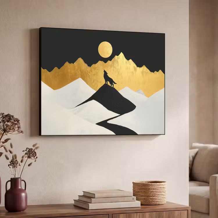 Wolf - Bergen - Maan - Zwart Textielframe zwart klein -sfeer3