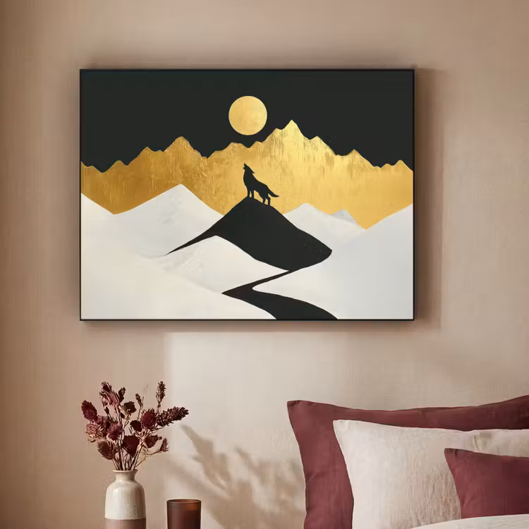 Wolf - Bergen - Maan - Zwart Textielframe - compleet frame klein -sfeer1