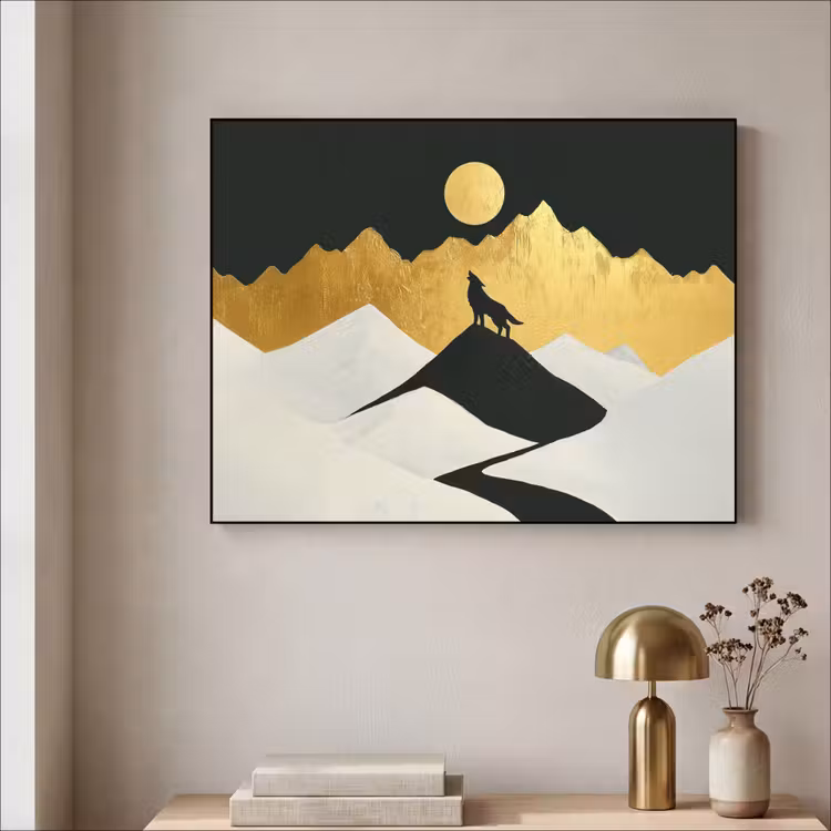 Wolf - Bergen - Maan - Zwart Textielframe - compleet frame klein -sfeer2