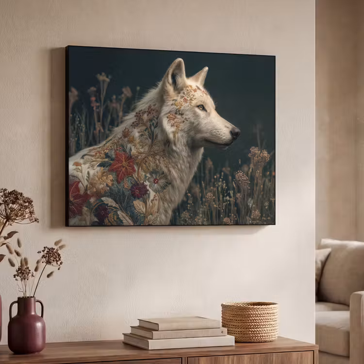 Wolf - Bloemen - Natuur Textielframe - compleet frame klein -sfeer3