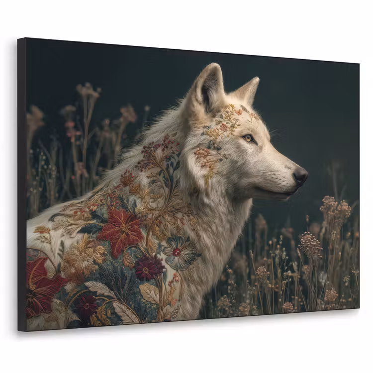 Wolf - Bloemen - Natuur Textielframe zwart klein -3d