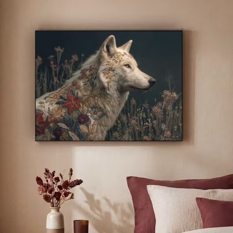 Wolf - Bloemen - Natuur Textielframe zwart klein -sfeer1