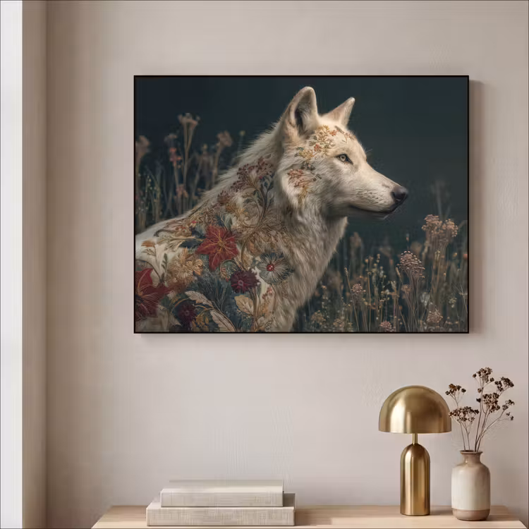 Wolf - Bloemen - Natuur Textielframe - compleet frame klein -sfeer2