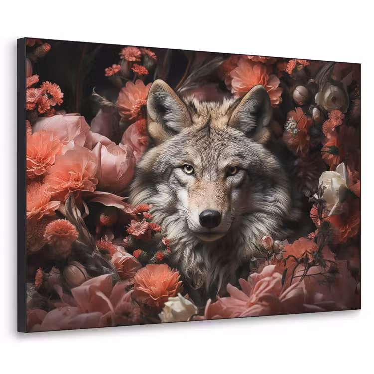 Wolf - Dier - Bloemen - Botanisch - Natuur - Fantasie Textielframe zwart klein -3d