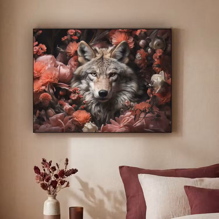 Wolf - Dier - Bloemen - Botanisch - Natuur - Fantasie Textielframe zwart klein -sfeer1