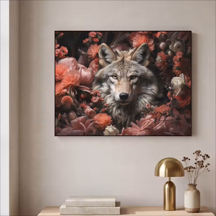 Wolf - Dier - Bloemen - Botanisch - Natuur - Fantasie Textielframe zwart klein -sfeer2