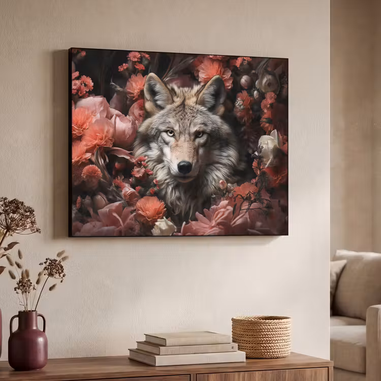 Wolf - Dier - Bloemen - Botanisch - Natuur - Fantasie Textielframe zwart klein -sfeer3