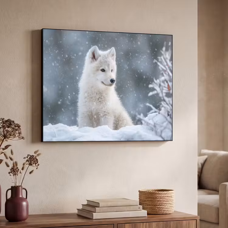 Wolf - Pup - Sneeuw Textielframe - compleet frame klein -sfeer3
