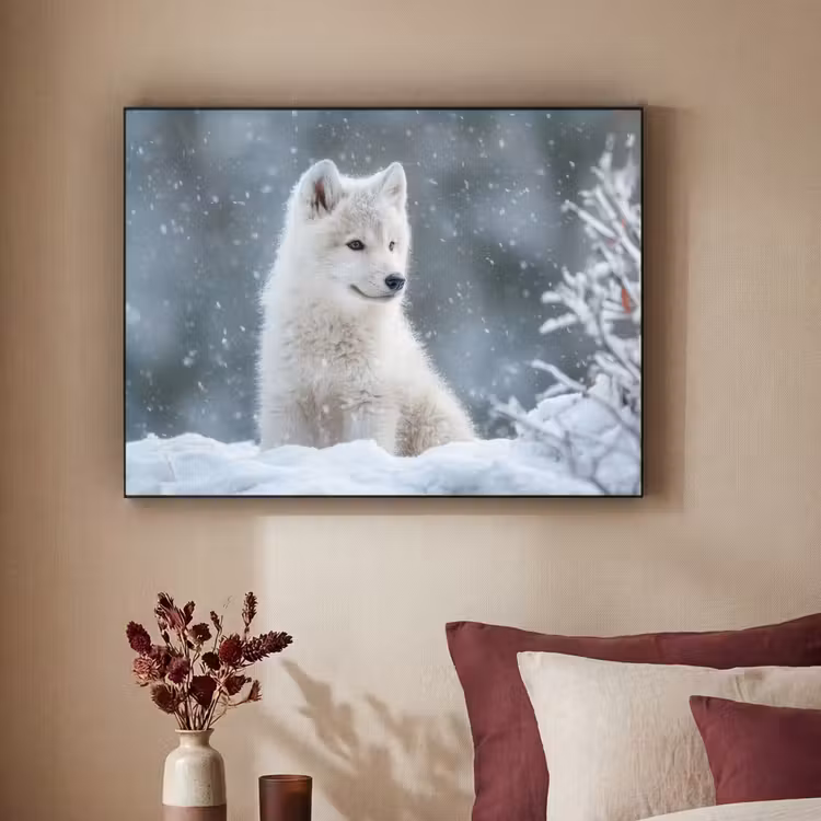 Wolf - Pup - Sneeuw Textielframe zwart klein -sfeer1
