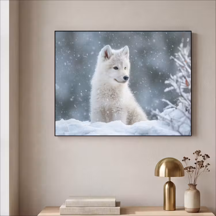 Wolf - Pup - Sneeuw Textielframe zwart klein -sfeer2
