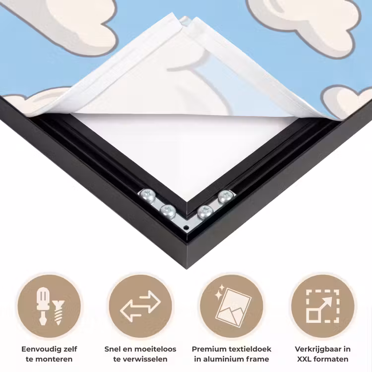 Wolk - Cartoon - Lucht - Blauw - Wit Textielframe zwart klein -USP_closeupNL