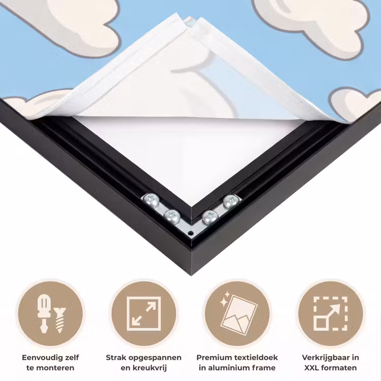 Wolk - Cartoon - Lucht - Blauw - Wit Textielframe zwart klein -USP_feed_closeupNL