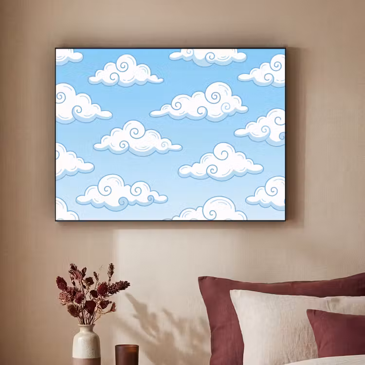 Wolk - Lucht - Cartoon - Blauw - Wit Textielframe zwart klein -sfeer1