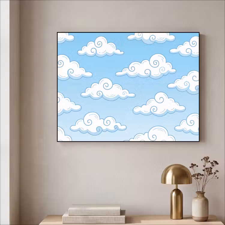 Wolk - Lucht - Cartoon - Blauw - Wit Textielframe zwart klein -sfeer2