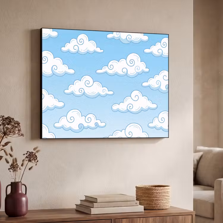 Wolk - Lucht - Cartoon - Blauw - Wit Textielframe zwart klein -sfeer3