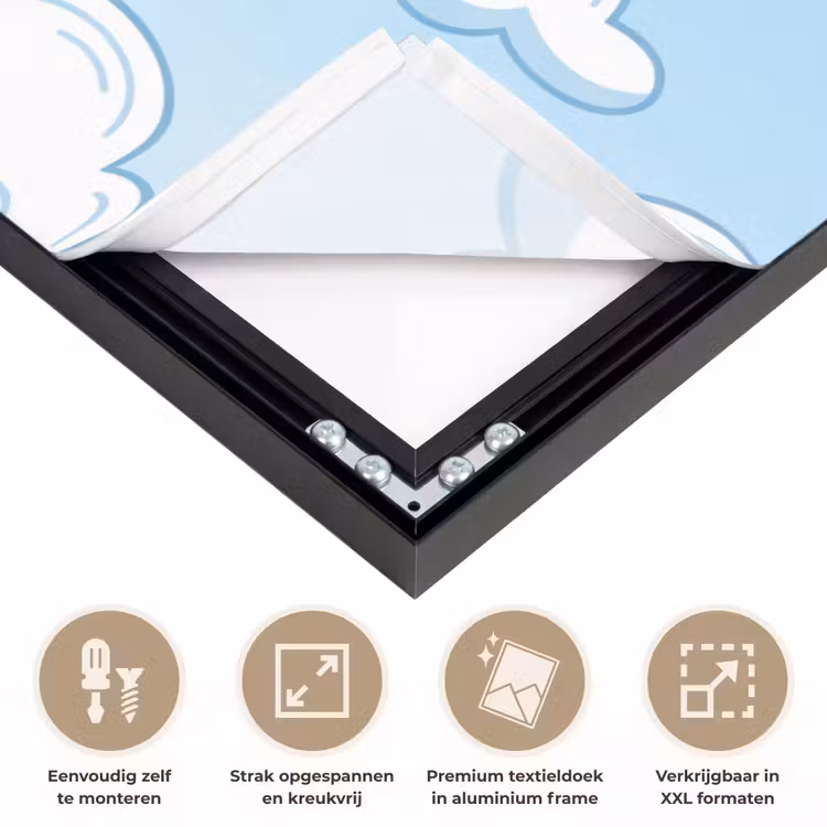 Wolk - Lucht - Cartoon - Blauw - Wit Textielframe zwart klein -USP_feed_closeupNL