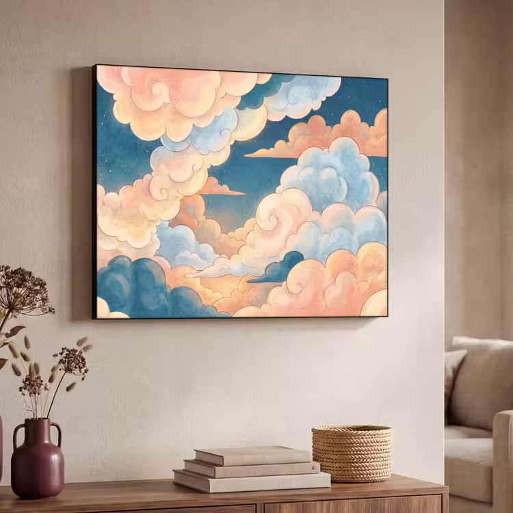 Wolk - Lucht - Natuur - Illustratief - Oranje Textielframe zwart klein -sfeer3
