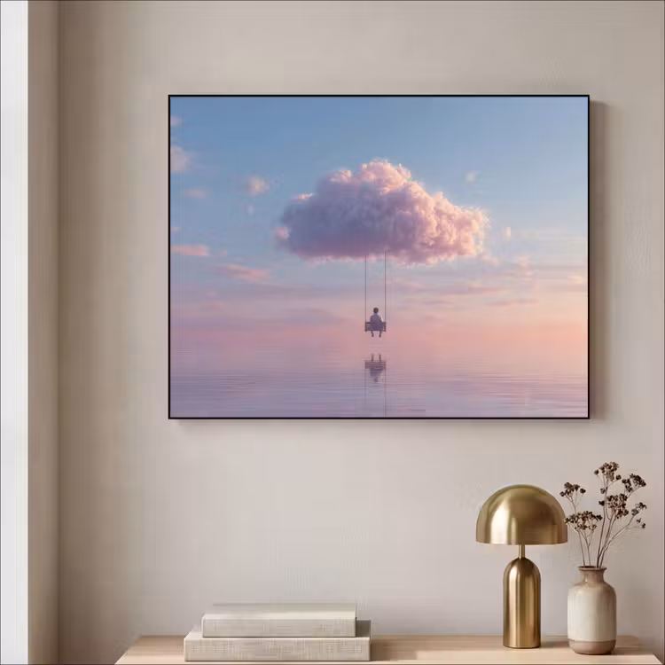 Wolk - Schommel - Kleurrijke lucht Textielframe - compleet frame klein -sfeer2