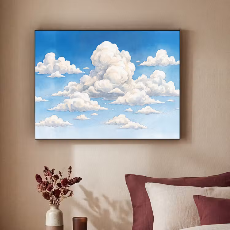Wolken - Blauwe lucht - Natuur - Modern - Wit Textielframe zwart klein -sfeer1
