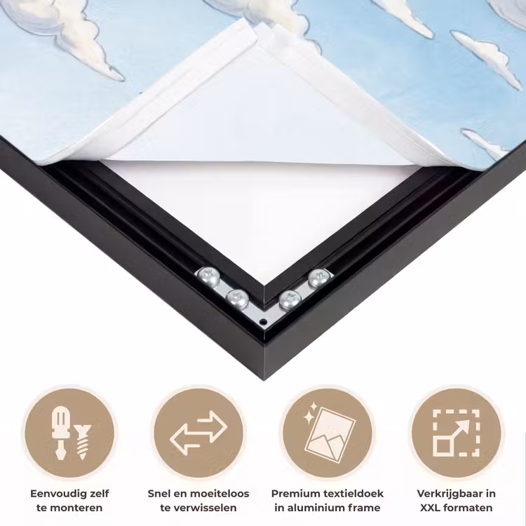 Wolken - Blauwe lucht - Natuur - Modern - Wit Textielframe zwart klein -USP_closeupNL
